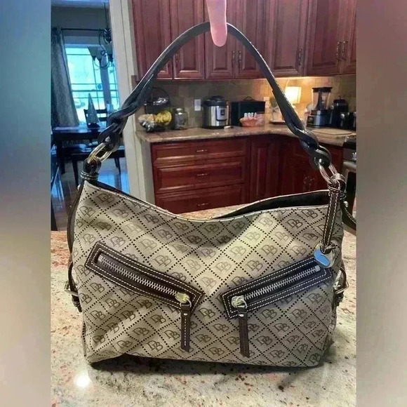 Dooney & Bourke Handbags - Dooney & Bourke Tan/Brown Jacquard DB Monogram Y2K Hobo Leather Shoulder Bag